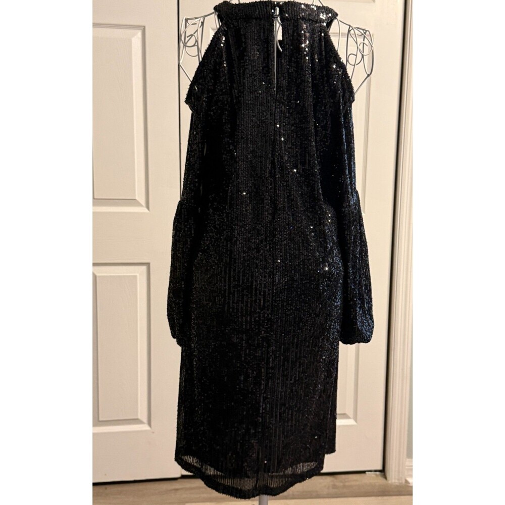 CeCe Size M Black Sequin Layered Cold Shoulder High Neck Cocktail Dress NWT MINT